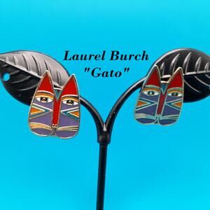 Laurel Burch "Gato" Cat Post Earrings, Enamel Cloisonne, Gold Plated, Vintage